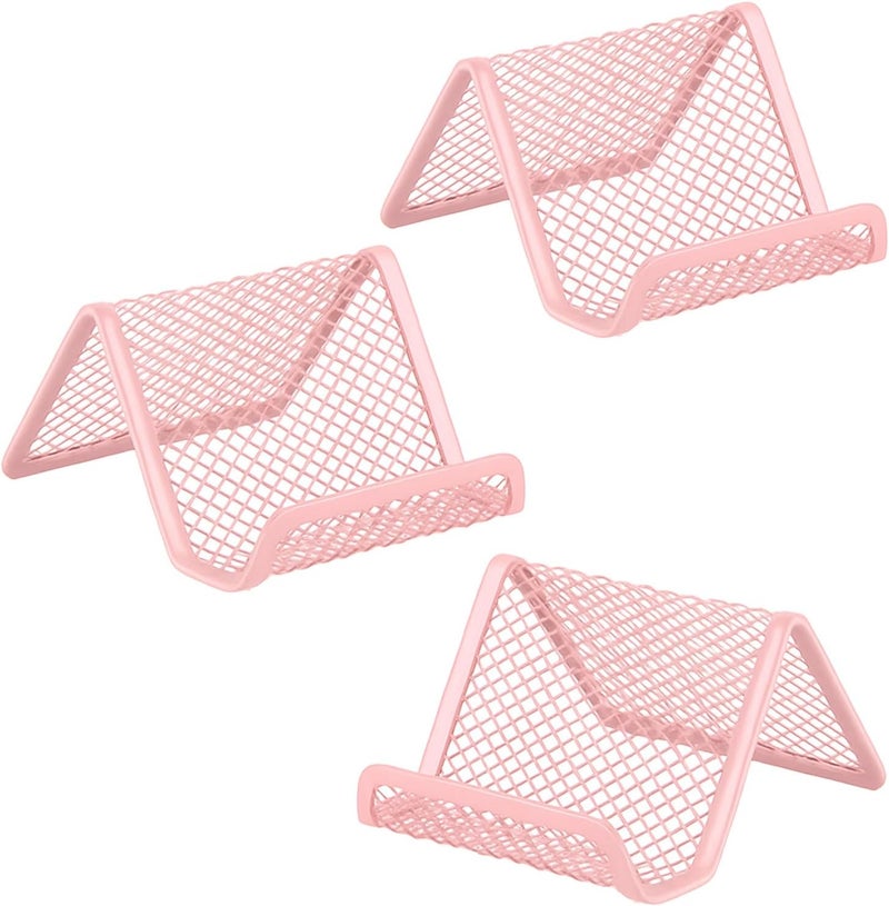 EMOMAS Business Card Holder for Desk, Office Desktop Business Card Display Holder, Mesh Business Card Holder, Desk Accessories for Women and Men, Pink(3 Pack) - Image 1